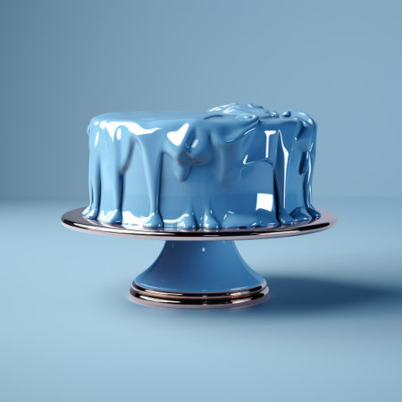 a 3d cake and cake cup with icing, featuring a blue and white glaze in a monochromatic style. the imagery resembles liquid metal, with a light sky-blue hue. the cake appears to be melting, creating a classic still-life effect. the thick paint adds depth and texture to the overall composition. ai generatedの素材