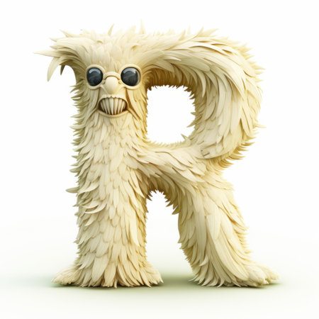 the letter "r" is depicted in a 3d pixie costume, resembling prehistoric art. the attention to detail is evident in the texture of fur and feathers, giving it a realistic feel. the ivory color adds a touch of elegance. this webcam photograph showcases imaginary creatures and robots, with a ghosting effect and rough clusters. ai generatedの素材