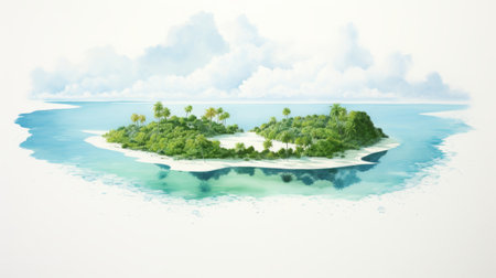 a realistic and highly detailed painting of an island surrounded by water. this minimalist illustration, created in a soft watercolor style, showcases the artist's talent for detailed renderings. with an 8k resolution, this artwork captures the serene beauty of the island, making it a perfect addition to any mori kei-inspired collection. ai generatedの素材