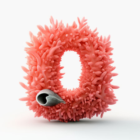 an upside-down letter "o" in red with a white stem is a decorative element inspired by the style of zbrush and jason decaires taylor. the intricate feather rendering showcases detailed craftsmanship, with a color palette of light pink and light gray. this design draws inspiration from the works of georg jensen, featuring sharp and prickly elements reminiscent of tar okamoto's art. ai generatedの素材