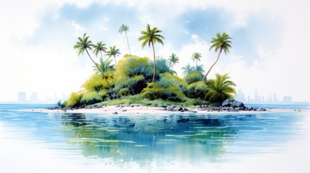 a watercolor illustration of a tropical island featuring palm trees and skyscrapers. the artwork is created in a naturalistic realism style, with influences from ps1 graphics, plein-air realism, and manga. rendered in maya, the image showcases pictorial elements and includes reflections and mirroring. ai generatedの素材