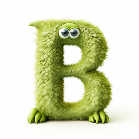 a cartoon green letter b with eyes and a body, resembling a realistic lifelike figure, is depicted in this national geographic-style photo. the spiky mounds and soft variations of color add depth to the image, created using daz3d software. the playful use of texture enhances the overall beauty of this astonishing artwork. ai generatedの素材