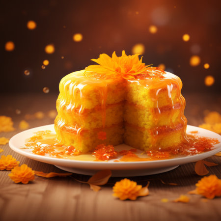 a cake with yellow frosting icing sits on a plate, creating a whimsical and dreamy image. the vibrant colors of orange and amber add to the visual appeal, resembling floral explosions. the use of vray tracing and post-processing techniques enhances the overall effect. the wet-on-wet blending technique gives the cake a smooth and inviting appearance. the honeycore adds a touch of sweetness to the composition.の素材