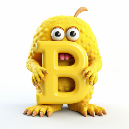 a cartoon bug monster in the shape of the letter b is depicted in this 3d image. the cartoon bug monster has a vibrant yellow color, resembling the frequent use of yellow in cartoons. the image is captured in macro photography, showcasing intricate details. the style of the image is influenced by elaborate fruit arrangements and realistic depictions of the human form. the use ofの素材
