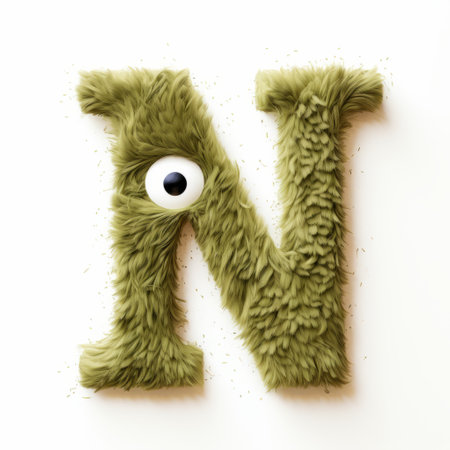a green monster letter with attention to fur and feathers texture, captured in an expressive character design by nicolas bruno from the nul group. this unique image showcases the intricate details of the monster's features, thanks to the use of a macro lens. the soft-edged and folknave style adds an artistic touch to the composition. ai generatedの素材