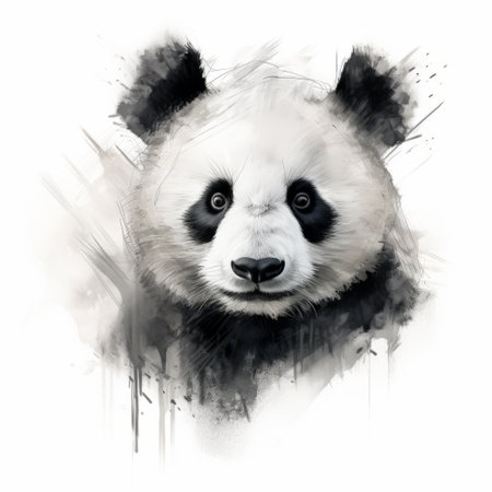 a panda bear's head is depicted in a black and blue watercolor, showcasing the style of speedpainting. the artwork is done in black and white grayscale, with a soft-focused realism approach. the illustration captures the charming character of the panda, highlighting its strong facial expression. this piece is reminiscent of the works of willem haenraets, known for his simplified yet captivating art. ai generatedの素材