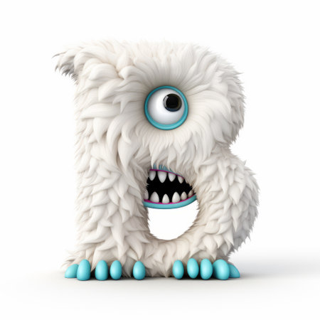 the 3d rendering showcases a whimsical and eerie animal symbolism-inspired letter b made of white foam. with shiny eyes, spiky mounds, and a playful caricature, this furry art piece embodies elements of psychedelic surrealism and cryptid academia. ai generatedの素材