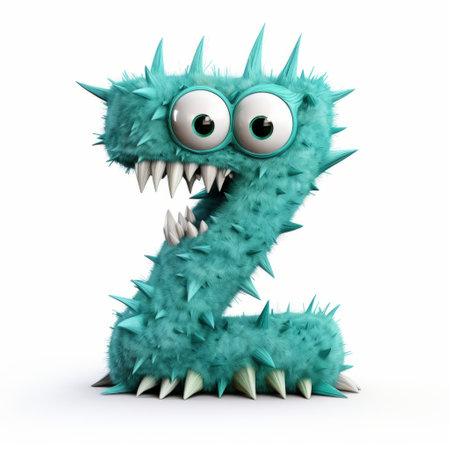 a monster letter z, created with blue material, showcases the unique style of daz3d. the design features spiky mounds, expressive character elements, and a color palette of light green and cyan. captured using the sony fe 12-24mm f/2.8 gm lens, this eye-catching creation is both cute and quirky. ai generatedの素材
