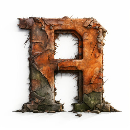 an orange letter, crafted entirely from leaves, stands out against a stark white background. this unique artwork combines elements of post-apocalyptic ruins and hyperrealistic fantasy, reminiscent of the style of renowned artist raphael lacoste. the realistic textures and concept art techniques used in this piece evoke a sense of intrigue and wonder, much like the works of alex hirsch. ai generatedの素材