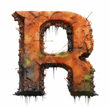 the letter "r" stands out in this photo, showcasing its weathered appearance with a layer of moss. the style of the image combines realism with impressionistic colors, inspired by graffiti illustrations. the artwork by aleksi briclot features a captivating blend of orange and brown tones. the scene evokes a sense of romantic ruins, enhanced by the watercolor-like illustrations. this image beautifully captures the essence ofの素材