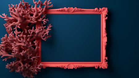 a 3d rendered decorative picture frame featuring coral seashells, inspired by baroque sculptures. this frame showcases saturated colors, reminiscent of museum gallery dioramas. with intricate minimalism and rococo extravagance, it combines light navy and crimson hues, adorned with detailed foliage. ai generatedの素材