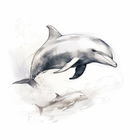 a dolphin portrait featuring the letters "o" and "a" on a white background. this ink wash style painting captures the essence of motion with a touch of blur. inspired by the hyper-realistic animal illustrations of brian kesinger and nicolas delort, the artwork showcases a beautiful blend of light whites and grays, achieved through wet-on-wet blending techniques. ai generatedの素材