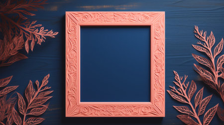 a handmade frame adorned with vibrant flowers and lush green leaves is showcased against a rustic wooden background. this 3d render captures the essence of dark orange and light indigo hues, complemented by intricately carved surfaces. the contrasting shades of dark azure and pink add depth to the composition, reminiscent of the artistic style of victor nizovtsev. the flat backgrounds and monochromatic elements beautifully highlightの素材