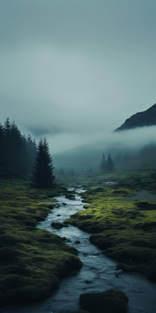 an enchanted misty valley with trees and fog, in the style of dark green and dark cyan, captures the essence of nature. this 8k resolution photograph showcases the beauty of scottish landscapes, with atmospheric and moody lighting. the romantic riverscapes are enhanced by the carl zeiss distagon t 15mm f28 ze lens, creating a mesmerizing visual experience. ai generatedの素材