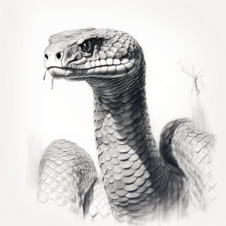a large black snake is depicted in this photorealistic drawing, showcasing intricate details and sepia tones. the artwork embraces a prehistoricore style, highlighting the snake's detailed facial features and zigzag patterns. the composition also incorporates life-like avian illustrations, reminiscent of cambodian art. ai generatedの素材