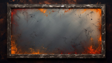 the photo showcases a burning frame adorned with vibrant orange paint and fiery elements, reminiscent of post-apocalyptic aesthetics. the backdrop features intricate details in dark brown and gray, creating a richly textured atmosphere. the overall composition exudes a rusticcore and weathercore vibe, with elements of steel and a distinct hard edge. ai generatedの素材