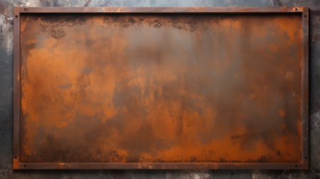 an old rusty metal plate is captured in this stock photo, positioned against a rough wall. the image features a motion blur panorama style, with a dark orange and gray color palette. the plate is framed artistically, showcasing layered acrylic washes. the composition highlights realistic still lifes with dramatic lighting, emphasizing flat surfaces and the steel-iron frame construction. ai generatedの素材