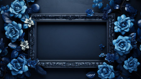 vintage blue frame with blue roses, featuring a realistic style infused with surrealistic elements. the dark sky-blue and dark gray color scheme adds depth to this 8k 3d image. the mural and wall drawings showcase meticulous design, while the dark themes create an intriguing atmosphere. ai generatedの素材