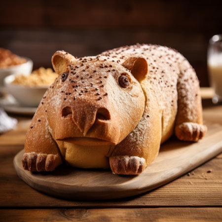 a hippo on a wooden board, a unique gift from your favorite zoo, captured in a gritty and grainy style. the spiky mounds of the hippo's body are emphasized through focus stacking, creating a striking kitchen still life. the punctuated caricature effect adds an artistic touch, while the sabattier effect enhances the overall composition with light brown and gold tones. ai generatedの素材