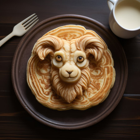 a plate of assorted pancakes, accompanied by yogurt and milk, is displayed alongside a uniquely designed dish featuring carved animal figures. this captivating composition showcases the artistic styles of aries moross and he jiaying, known for their hyper-realistic portraiture. the symmetrical arrangement and inclusion of a manticore add an intriguing touch to this visually stunning image. ai generatedの素材