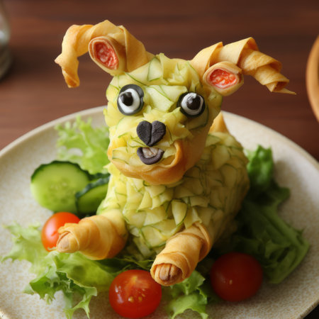 a whimsical and imaginative dog-shaped slice of pasta, inspired by traditional japanese artistic techniques, is captured in this photo. the use of focus stacking highlights the intricate details of the simplified dog figure, reminiscent of khmer art. this unique creation adds a touch of bunnycore charm to the culinary world. ai generatedの素材