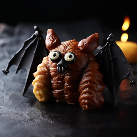 halloween candy bat with eyes, carved animal figure style, on a dark background. light brown and black colors create a spooky atmosphere. this kitchen still life photograph was shot on 70mm, capturing the manticore-inspired details. the realistic still life showcases dramatic lighting and incorporates elements of tachisme. ai generatedの素材