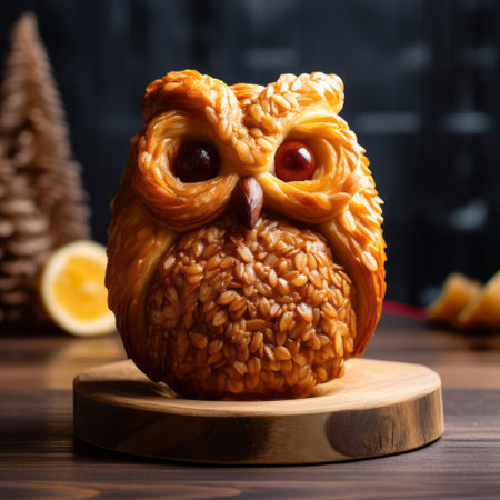 a stuffed owl, in the style of cheese, sits on a wooden table. the artwork by tang yau hoong showcases a thick texture, creating a festive atmosphere. the image captures the grit and grain of the carving, while the vibrant cranberry core adds a pop of color. ai generatedの素材