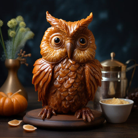 an owl figurine, in the style of halloween, sits on a table surrounded by bowls. the highly realistic figurine is light amber in color and exudes a dark atmosphere. with its pop-culture-infused design and elaborate costumes, this owl figurine captures the essence of halloween. shot with a rollei prego 90, this photo showcases the intricate details of the figurine. ai generatedの素材