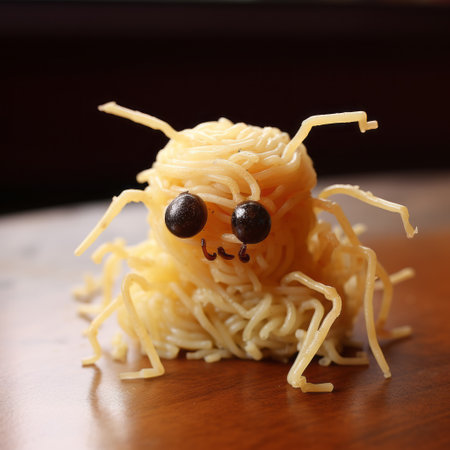 a macaroni spider, inspired by larme kei fashion, crafted from cheese, is captured in this photo. the spider's body is formed by dusty piles of macaroni, while its shiny eyes add a touch of intrigue. with selective focus, the intricate details of this unique creation are highlighted. this captivating image was taken using a rollei prego 90 camera and can be found on flickr. aiの素材