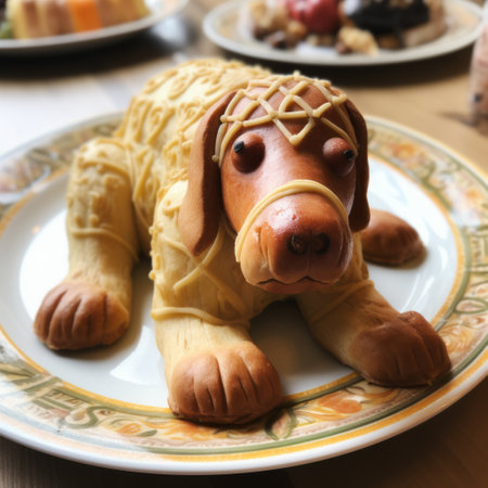 a chocolate dipped dog, resembling one of the seven wonders, is delicately placed on a plate. this unique creation combines the artistic styles of shintaro kago and johnson tsang, while being made entirely of cheese. the dog is beautifully wrapped, showcasing a romanesque design. captured with a nikon d750, this photo is a masterpiece by chuah thean teng. ai generatedの素材