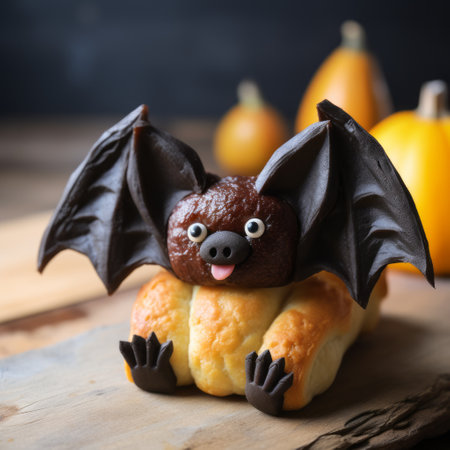 a chocolate bat pastry, perfect for halloween or fall, captured in the style of a nikon d850. this playful character design features a manticore, a mythical creature with the characteristics of various animals. the pastry is beautifully crafted with a light brown and dark amber color palette, inspired by synthetism art. photographed using a rollei prego 90. ai generatedの素材