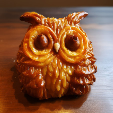 a photorealistic pastiche of an owl made of dough, featuring brown eyes. the owl is captured in the style of fujifilm eterna 250t type 8560, with a blend of light amber and amber tones. the image showcases striated resin veins, influenced by zen buddhism, and was taken using a canon af35m camera. ai generatedの素材