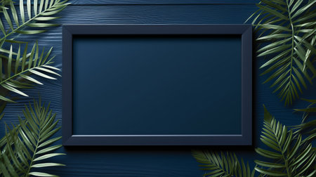 blank frame on blue background with palm leaves and palms. 4k resolution, dark teal and dark navy style. multilayered surfaces, timber frame construction, realistic chiaroscuro lighting. screen format with bold color usage in dark navy and dark gray. ai generatedの素材