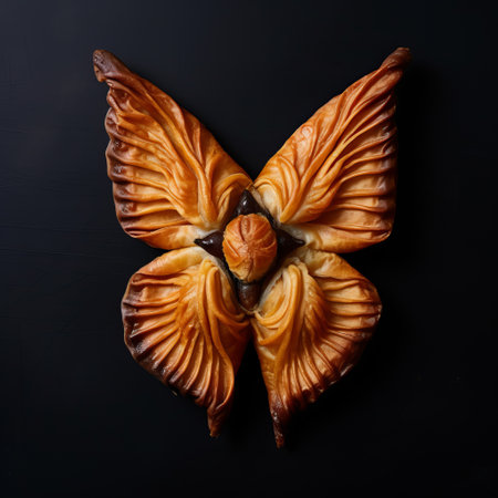 hand-cut pastry on a black background, showcasing a surreal metamorphosis inspired by neoclassical symmetry and photorealistic wildlife art. this traditional vietnamese creation is captured through the lens of aerial photography, highlighting its intricate details and light brown hues. the composition carries religious symbolism, creating a visually captivating and culturally rich image. ai generatedの素材