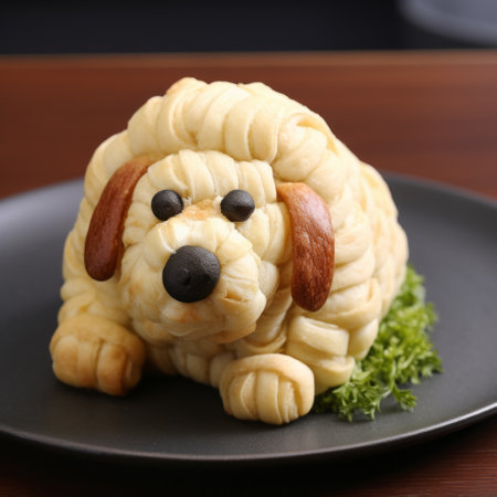 a plate of dog bun sculptures, resembling chew toys in quirky manga art style, made of cheese, is showcased in this uhd image. the intricate carving and attention to detail make these spherical sculptures a perfect addition to chinese new year festivities. shot at iso 200, this photo captures the vibrant colors and unique design of these edible creations. ai generatedの素材