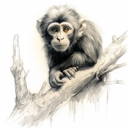 a young monkey perched on a tree branch is depicted in this aggressive digital illustration print. the artwork showcases concise brushwork techniques, combining harsh realism with detailed science fiction elements commonly found in digital illustrations. ai generatedの素材