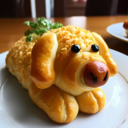 a plastic dog in red and white sits on a dinner plate, showcasing traditional japanese artistic techniques. the vibrant colors of dark yellow and light green complement the manga-style design. this unique creation, made entirely of cheese, is a delightful fusion of cultures and creativity. ai generatedの素材
