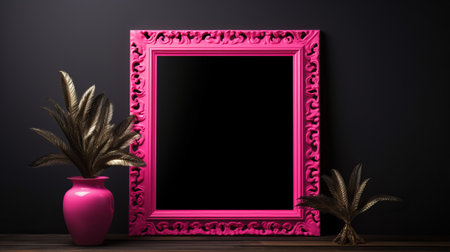 decorative mirror with a pink frame and potted plants, set against a black background. this unique piece combines elements of baroque-punk style with post-internet aesthetics. the uhd image showcases the intricate details of the dark gray and magenta design, reminiscent of colorful woodcarvings. inspired by the works of jean auguste dominique ingres, this mirror adds a touch of artistic flair to any space. ai generatedの素材