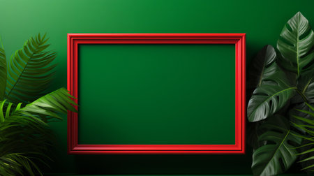 red frame with leaves on a green wall, featuring 3d renderings in a flat color style reminiscent of the zaire school of popular painting. the dark emerald and red hues add a traditional vietnamese touch, while the luminous 3d objects create a vibrant and eye-catching effect. this artwork is inspired by advertisements and incorporates simplified colors, giving it a unique xmaspunk aesthetic. ai generatedの素材