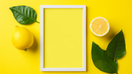 yellow frame with vibrant lemons and leaves on a minimalist yellow background. this stock photo showcases a bold color palette, with a juxtaposition of objects and a monochromatic intensity. the dark white and light white elements add depth to the composition, while the bold primary colors create a visually striking image. the framing enhances the overall aesthetic appeal. ai generatedの素材