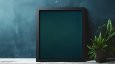 a black frame hangs on a blue wall, showcasing a plant. the minimalist background features dark green and dark gray tones, reminiscent of color field painting and american tonalism. the organic material of the plant contrasts with the dark emerald and dark blue hues, creating a visually striking composition. the use of screen tones adds depth and texture to the image. ai generatedの素材