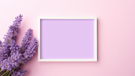 a white frame beautifully showcases lavender flowers and lavenders against a soft pink background in this minimalist-style photograph. the luminous color palette and atmospheric lighting create a soothing and captivating ambiance. this bloomcore-inspired image features bold colors and a minimalistic japanese aesthetic, rendered with precision in cinema4d. ai generatedの素材