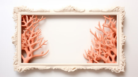 an ornate white frame adorned with coral branches, reminiscent of the artistic styles of patricia piccinini and hiroshi nagai. this isolated landscape captures an eclectic curatorial style, blending elements of rococo still-lifes with soft variations of color. the image evokes a sense of tranquility and showcases the beauty of the reefwave. ai generatedの素材
