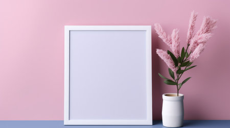 empty white frame on a pink background with a pink flower and blue cloth. this 8k resolution photo showcases utilitarian objects and features screen tones, highly detailed foliage, and graphic arrangements. rendered in cinema4d, the image exhibits muted and subtle tones, creating a visually captivating composition. ai generatedの素材