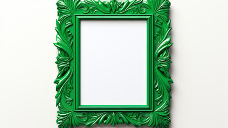 a green ornate frame, in the style of trompe l'oeil realism, hangs on a white background. this flickr photo showcases the realist lifelike accuracy of the frame, with its pop art graphic design. the frame adds a lively tableau to any space, with its luminous 3d objects made of rubber. ai generatedの素材