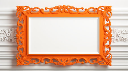 orange picture frame on the wall, showcasing a stunning 3d rendering stock photo. this frame exudes the elegance of the rococo style, with its vibrant color choices and intricate woodwork. against a clean white background, the simplified colors and mirror rooms create a strong contrast, making it a captivating addition to any space. ai generatedの素材