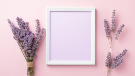 a purple and pink wooden frame is showcased on a vibrant pink background, adorned with delicate lavender stems. the composition exudes a minimalist aesthetic, with light pink and white hues reminiscent of post-impressionist still lifes. this high-resolution image is captured in stunning 32k uhd quality. ai generatedの素材