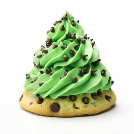 a christmas tree-shaped cookie, decorated with green and cream icing, is showcased in this photo. the cookie features a unique design inspired by desertwave, photo-realistic hyperbole, associated press photo, dotted, trillwave, brooding mood, and oshare kei styles. ai generatedの素材