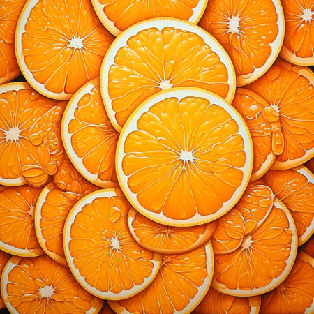orange slices with water droplets, captured in a hyperrealistic mural style reminiscent of escher-inspired, highly detailed illustrations by serge marshennikov. the bold lines and vibrant colors bring these monochromatic paintings to life, creating a vibrant and cartoonish visual experience. ai generatedの素材
