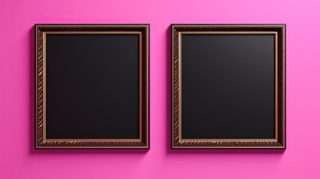 two wooden frames, featuring a bold color usage of dark magenta and dark bronze, are showcased on a vibrant pink background. this commercial art piece, created using zbrush, incorporates elements of baroque style. the frames are adorned with a combination of light black and bronze accents, paying homage to the artistic influence of stanley pinker. ai generatedの素材